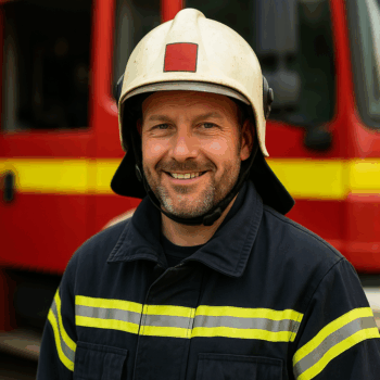 Feuerwehrmann vor dem Einsatzfahrzeug zur Brandschutzhelfer Ausbildung