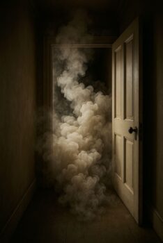KI gerendertes Bild. Rauch kriecht aus einer Türe in den Flur. Thema bei der Brandschutzhelfer Auffrischung