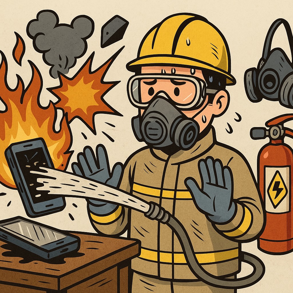 Comic-Szene: Brandschutzhelfer weicht berstendem Li-Ion-Akku mit glühenden Splittern aus