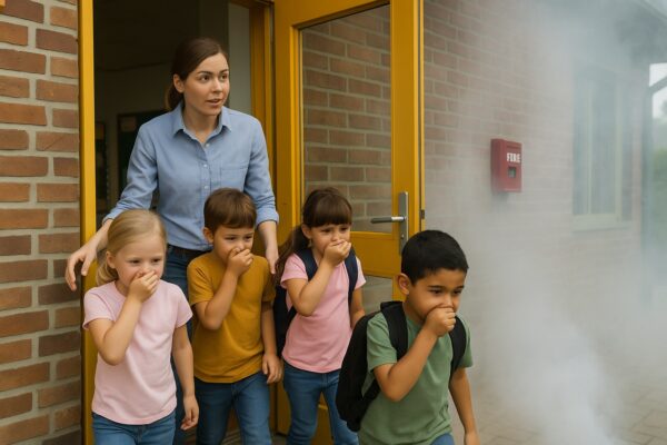 Brandschutzübung Kita. KI-generiertes Bild, erstellt mit OpenAI GPT-5 Image Model. Keine reale Fotografie. Symbolische Darstellung, nicht auf Personen oder reale Organisationen bezogen.