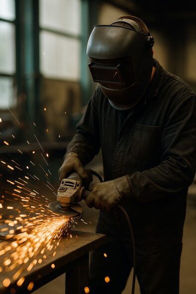 Arbeiter mit Schutzhelm und Flex erzeugt Funkenflug bei metallbearbeitung – typische feuergefährliche Arbeiten im Betrieb (KI-generiert)