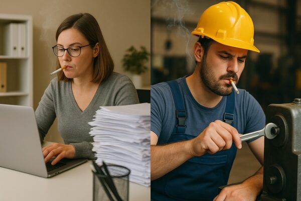 KI-generierte Darstellung einer rauchenden Büroangestellten und eines rauchenden Industriearbeiters als Beispiel für Brandgefahren durch Unachtsamkeit