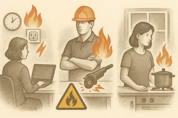 Illustration zeigt drei typische Brandursachen: defekte Steckdose im Büro, Funkenflug beim Arbeiten und unbeaufsichtigtes Kochen im Haushalt (KI-generiert)