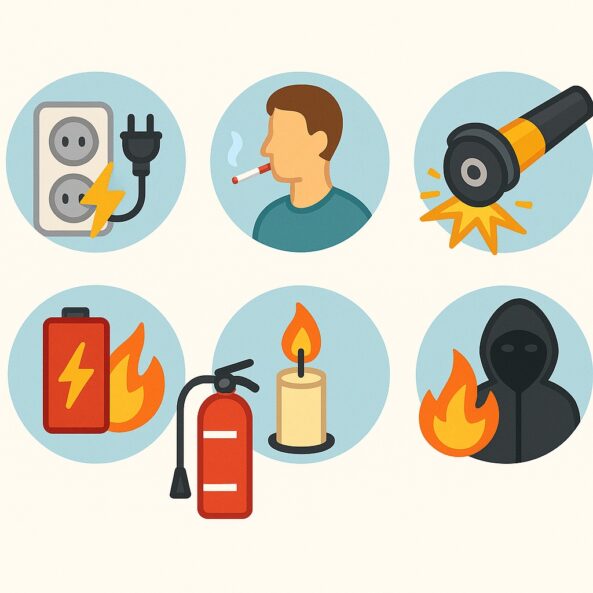 Symbolgrafik mit Steckdose, Zigarette, Flex, Akku, Kerze, Feuerlöscher und Brandstifter – typische Brandursachen im Betrieb und Haushalt (KI-generiert)