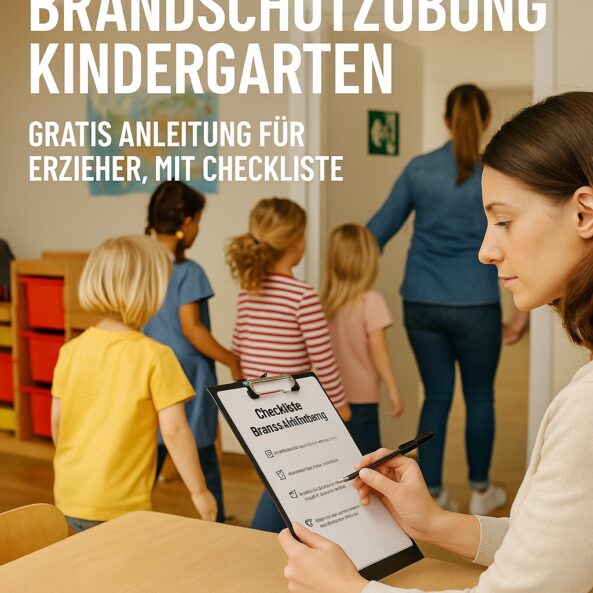Brandschutzübung Kita Ablauf - Erzieherin hakt Checkliste ab. Kinder verlassen mit einer weiteren Erzieherin die Einrichtung. KI-Bild