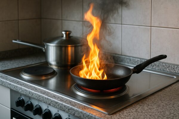 Pfannenbrand auf einer eingeschalteten Herdplatte mit hoher Flammenbildung – typische Brandursache in Küche und Haushalt (KI-generiert)