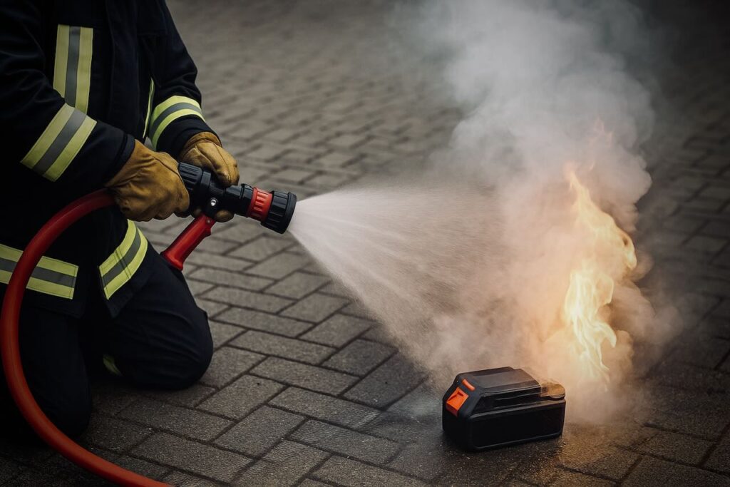 Illustration: Lithium-Ionen-Brände mit Wasser kühlen; Pulver und CO₂ ungeeignet