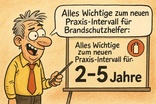 ASR A2.2 neu: Intervall 2–5 Jahre. Lustiger KI-Comic: Ausbilder erklärt am Flipchart das neue Praxis-Intervall für Brandschutzhelfer von 2–5 Jahren.