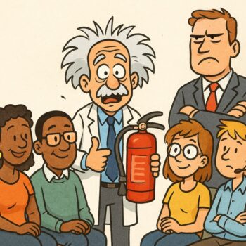 Verschiedene Mitarbeitende sitzen in einer Schulung. Ein Einstein-Typ mit Feuerlöscher erklärt, der Chef wirkt genervt weil alle den Brandschutz im Betrieb beachten müssen.