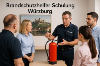 Brandschutzhelfer Schulung Würzburg – Berufsfeuerwehrmann zeigt Mitarbeitenden den richtigen Umgang mit dem Feuerlöscher. KI-Bild