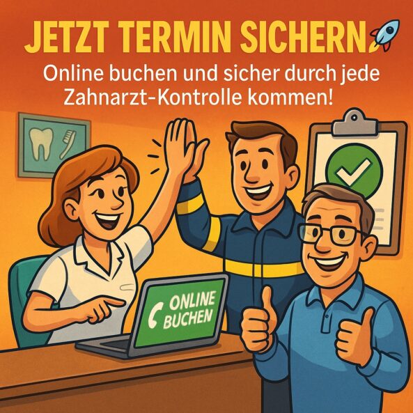Comic zeigt Berufsfeuerwehrmann, der gemeinsam mit einer Zahnärztin am Laptop einen Schulungstermin online bucht – Symbol für einfache Terminplanung der Brandschutzhelfer-Ausbildung
