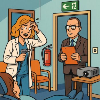 Comic Zahnarztpraxis mit erstaunter Zahnärztin und Feuerwehrmann, Diskussion ob Brandschutzhelfer wirklich nötig sind