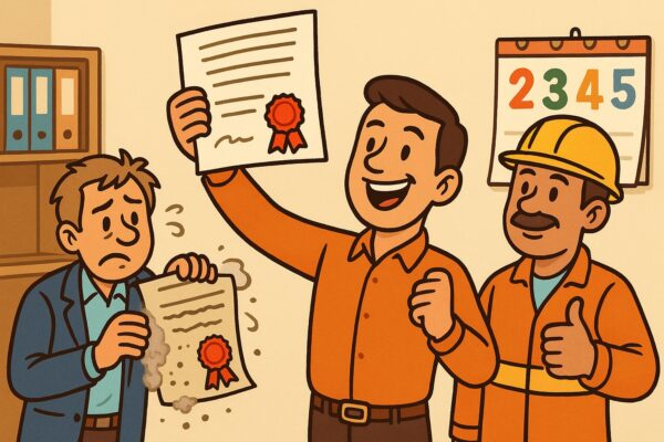 Brandschutzhelfer Zertifikat Gültigkeit: Mitarbeiter hält stolz sein neues Brandschutzhelfer-Zertifikat hoch, Kollege schaut auf sein altes verstaubtes Zertifikat. KI-Cartoon