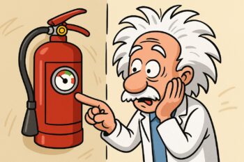 Ein Mitarbeiter prüft für den betrieblichen Brandschutz aufmerksam einen Feuerlöscher und zeigt auf das Manometer.