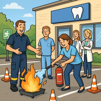 Comic zeigt Zahnarztpraxis-Team beim Üben mit Feuerlöscher unter Anleitung eines Berufsfeuerwehrmanns