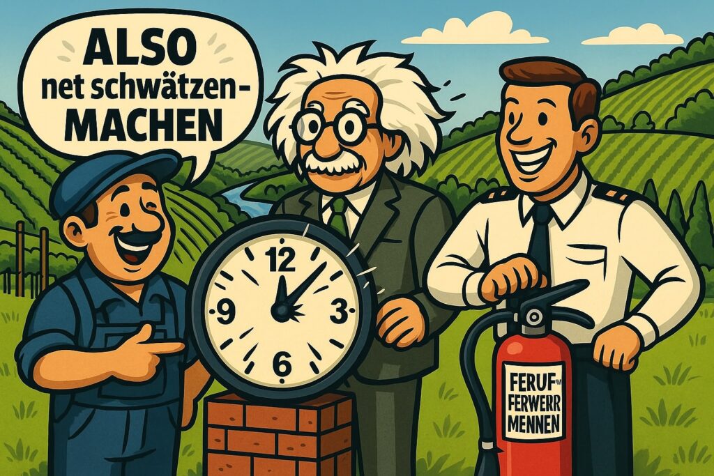 Comic: schwäbischer Handwerker zeigt auf Uhr kurz vor 12 und sagt ‚ALSO net schwätzen – MACHEN‘, daneben Feuerwehrmann mit Feuerlöscher, im Hintergrund Weinberge am Neckar.
