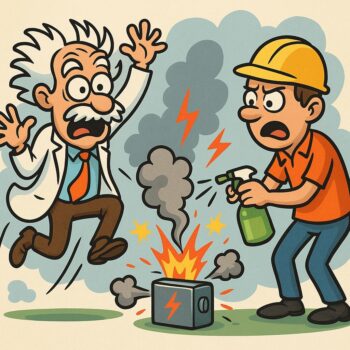 Cartoon-Einstein erschrickt, als ein Mitarbeiter mit einer Blumenspritze eine rauchende Lithium-Batterie zu löschen versucht