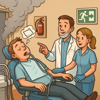 Comic zeigt kleine Rauchwolke in Zahnarztpraxis, Team erschrocken, Feuerwehrmann erklärt ruhig den Ernstfall