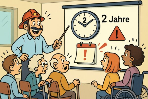 ASR A2.2 neu – Unterweisung nach 2 Jahren. Ausbilder zeigt auf Uhr und Kalender – Alle 2 Jahren fällig, diverse Gruppe mit eingeschränkter Mobilität schaut zu. lustiges KI-Bild