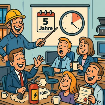 ASR A2.2 alle 5 Jahre – entspannte Büroangestellte mit Kaffee, verstaubtem Feuerlöscher und Zertifikat.