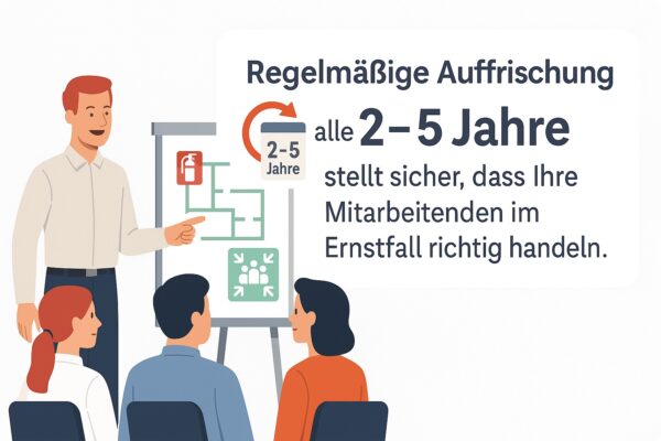 Brandschutzhelfer-Auffrischung alle 2–5 Jahre: Ausbilder erklärt Evakuierungsplan – Mitarbeitende handeln sicher im Ernstfall.