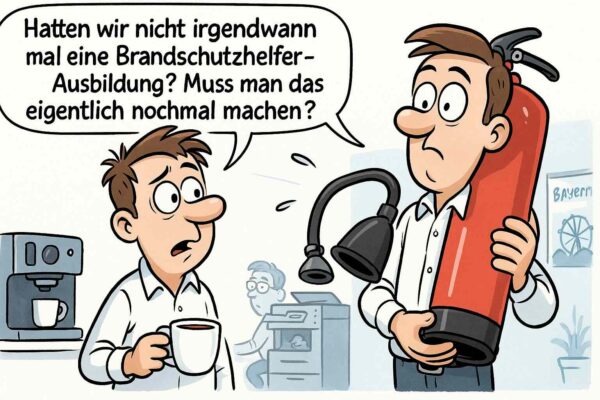KI-Comic: Humorvolle Büroszene mit übergroßem Feuerlöscher bei Brandschutzhelfer Auffrischung