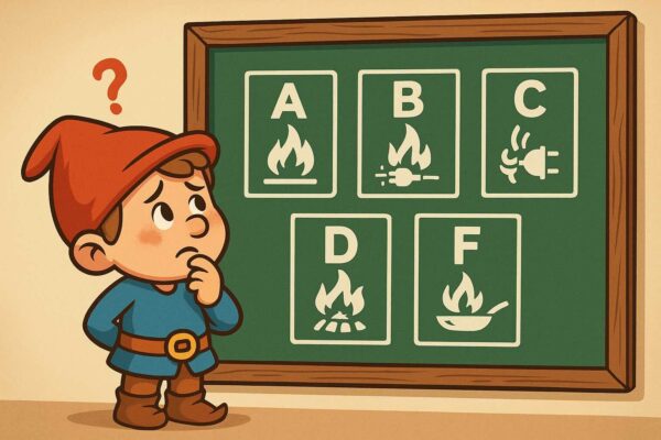 KI-generierter Cartoon: kleiner Zwerg-Junge mit roter Zipfelmütze steht rätselnd vor einer Tafel mit Brandklassen A, B, C, D, F – Brandschutzhelfer Aufgaben kindlich erklärt.