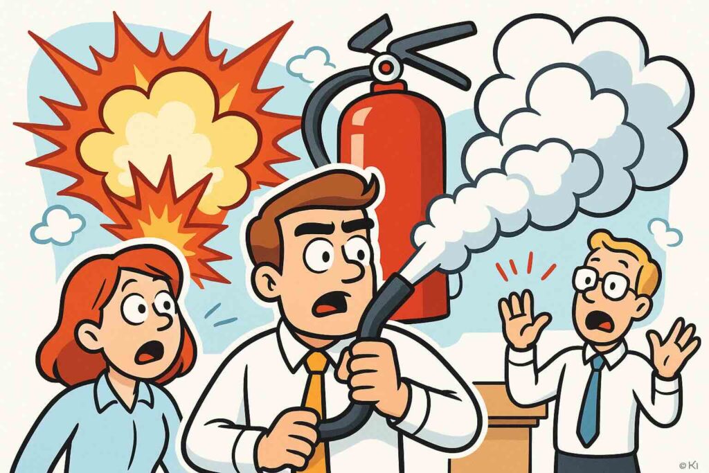 Humorvolle Comic-Illustration zu Brandschutzhelfer Aufgaben mit übertriebener Hollywood-Action-Szene, KI-generiert