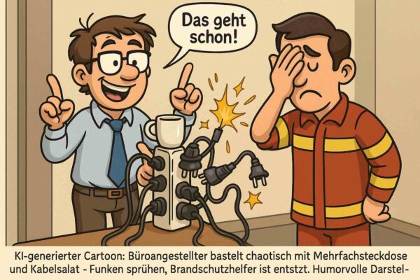 KI-generierter Cartoon: Büroangestellter bastelt chaotisch mit Mehrfachsteckdose und Kabelsalat – Funken sprühen, Brandschutzhelfer ist entsetzt. Humorvolle Darstellung ‚Das geht schon‘-Basteleien.