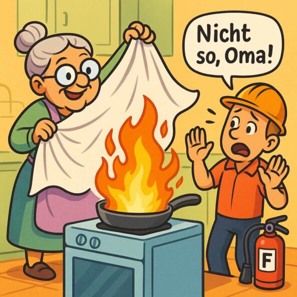 KI-generierter Cartoon: Oma mit Schürze hält riesige Löschdecke über einem brennenden Herd, Brandschutzhelfer ruft entsetzt ‚Nicht so, Oma!‘ – Irrtum Brandschutzhelfer Aufgaben.