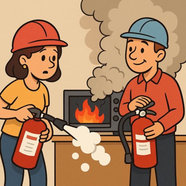 KI-generierte Cartoon-Illustration: Zwei Brandschutzhelfer löschen gemeinsam eine qualmende Mikrowelle mit Feuerlöschern – Teamarbeit statt Alleingang, humorvoll und realistisch dargestellt.