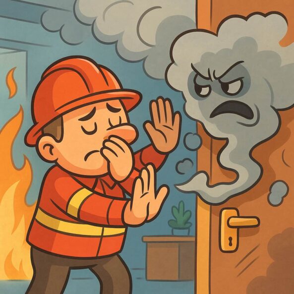 KI-generierter Cartoon: Brandschutzhelfer hält sich die Nase zu und stoppt einen bösen Rauch-Geist – Hinweis auf Rauchgefahr bei Brandschutzhelfer Aufgaben.