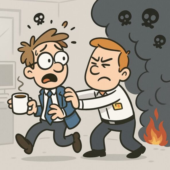 KI-generierter Cartoon: Büroangestellter mit Kaffeetasse stolpert fast in dichte Rauchwolke, Kollege zieht ihn zurück – Illustration Rauchvergiftung bei Brandschutzhelfer Aufgaben.