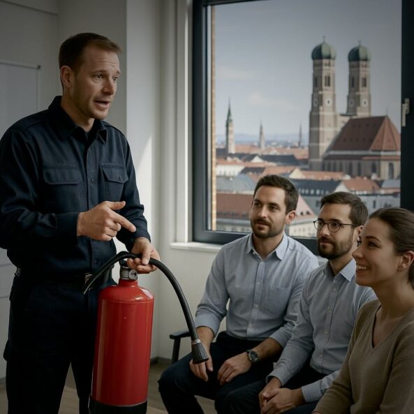 Brandschutzhelfer Ausbildung München – Berufsfeuerwehrmann erklärt Mitarbeitenden den Umgang mit dem Feuerlöscher im Seminarraum mit Blick auf die Frauenkirche.