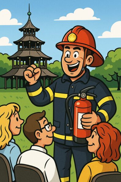 Brandschutzhelfer München – Berufsfeuerwehrmann erklärt mit Feuerlöscher Mitarbeitenden vor dem Chinesischen Turm im Englischen Garten.