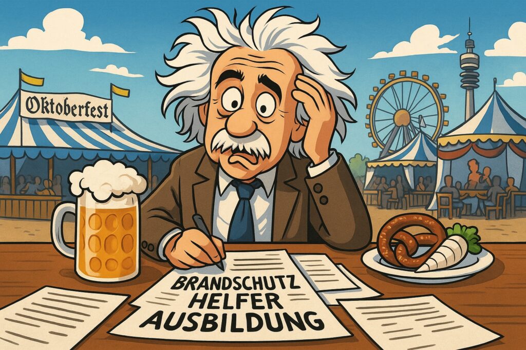 Brandschutzhelfer Ausbildung München – Comic zeigt verpeilten Einstein mit Maß Bier, Brezel und Rettich am Tisch, im Hintergrund Oktoberfest-Zelte.