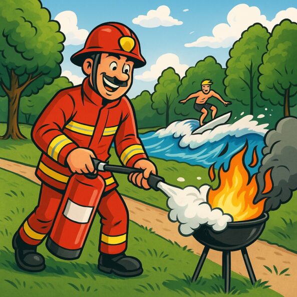 Brandschutzhelfer Ausbildung München – Feuerwehrmann löscht einen brennenden Grill im Englischen Garten, während Surfer auf der Eisbachwelle jubeln.