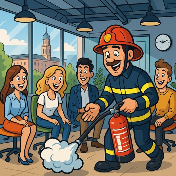 Brandschutzhelfer Ausbildung München – Comic zeigt Feuerwehrmann, der jungen, stylishen Mitarbeitern in einem modernen Büro den Feuerlöscher erklärt.