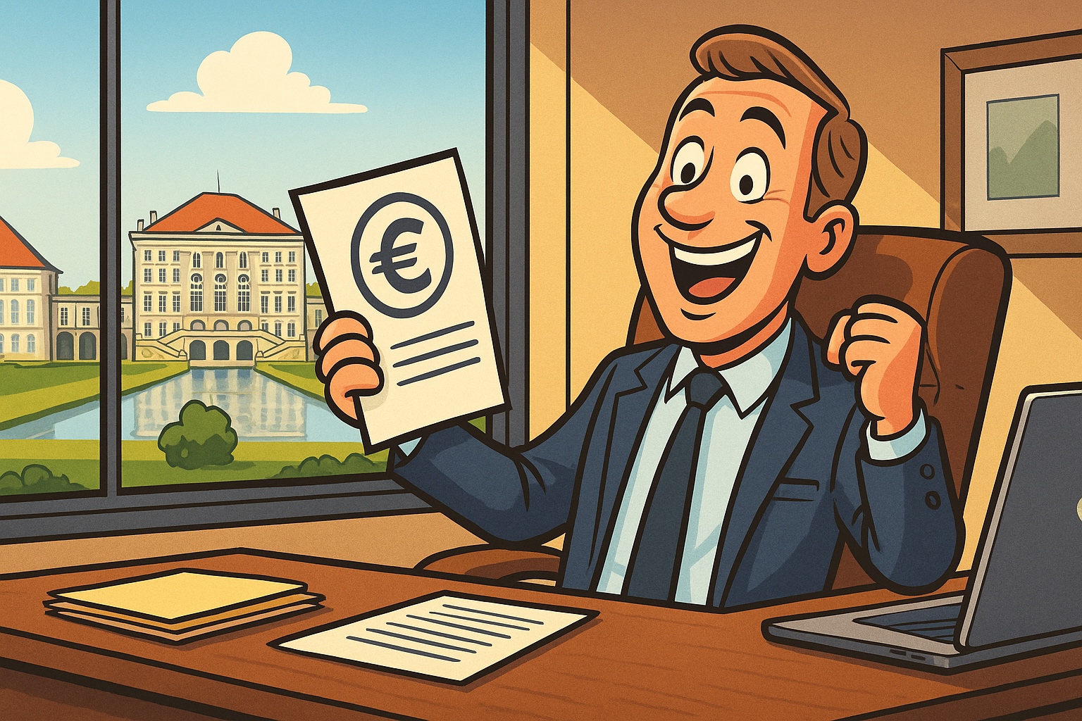 Brandschutzhelfer Ausbildung München – Comic zeigt lachenden Geschäftsführer im Büro, der günstige Kosten feiert, im Hintergrund Schloss Nymphenburg.