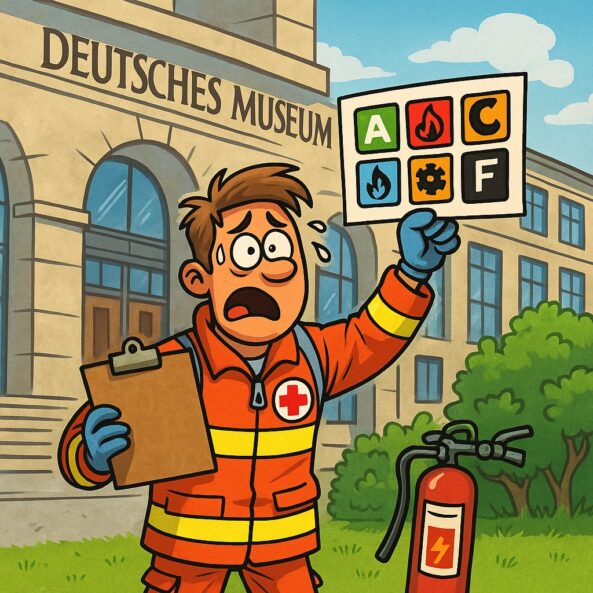 Brandschutzhelfer München – Comic zeigt überforderten Johanniter-Sanitäter vor dem Deutschen Museum, der Brandklassen erklärt.