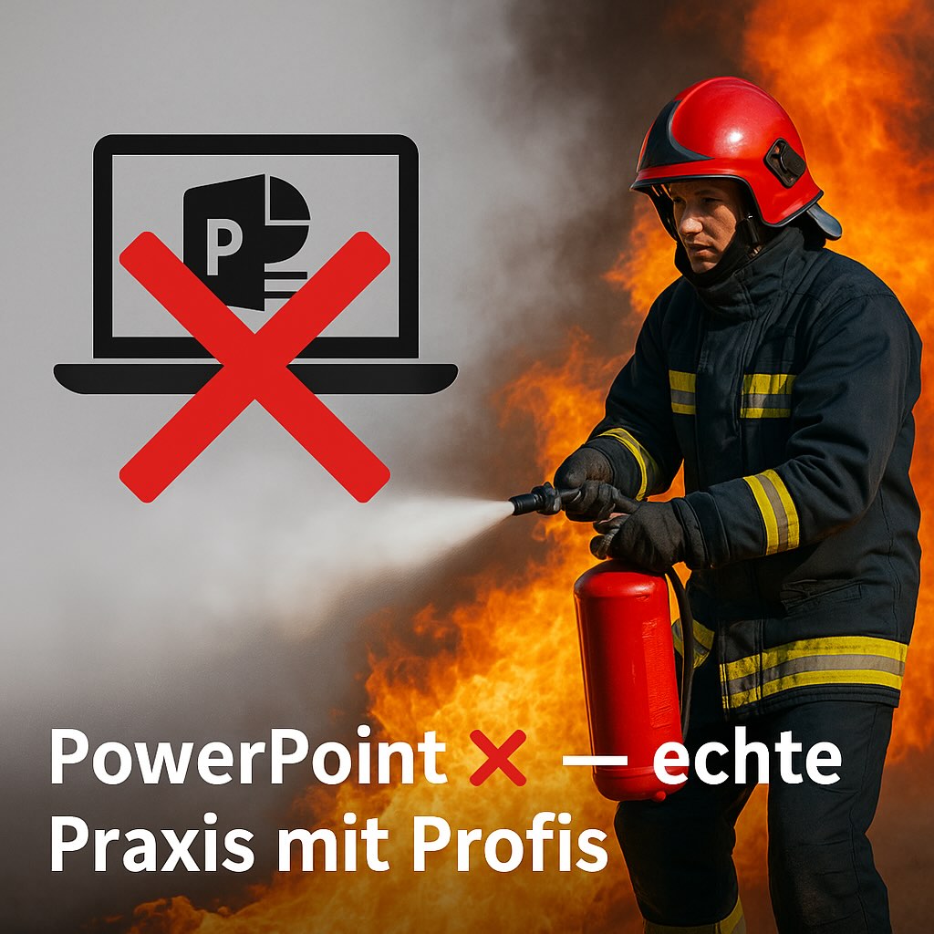 Feuerwehrmann löscht Feuer am Löschtrainer – daneben durchgestrichenes PowerPoint-Symbol: Brandschutzhelfer Ausbildung braucht Praxis