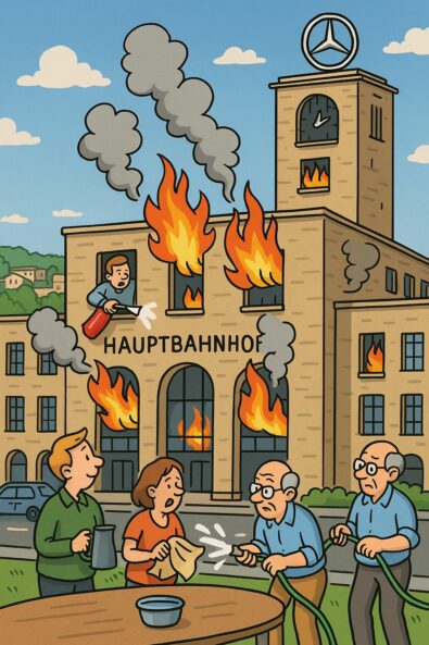 Comic-Zeichnung eines Brandes am Stuttgarter Hauptbahnhof Bonatzbau – humorvolle Darstellung einer chaotischen Brandentwicklung für die Brandschutzhelfer Ausbildung Stuttgart