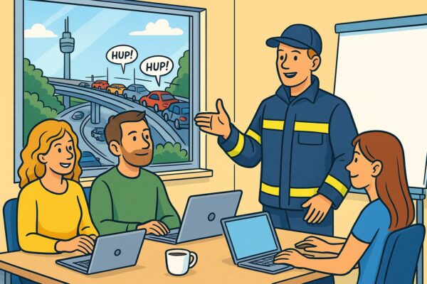 Brandschutzhelfer Ausbildung in Stuttgart – Comic - Schulung im Büro, während draußen am Pragsattel Stau herrscht
