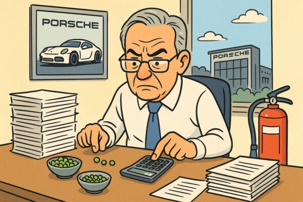 Zeichnung eines schwäbischen Chefs im Porsche-Büro in Zuffenhausen, der Erbsen zählt und mit Taschenrechner Kosten berechnet – humorvolle Darstellung zum Kostenthema Brandschutzhelfer Ausbildung Stuttgart