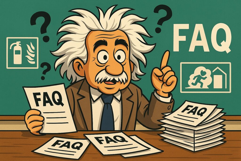 Humorvolle Cartoon-Illustration: Einstein-ähnliche Figur sitzt vor einem Stapel FAQ-Unterlagen zum Brandschutzhelfer Lehrgang. Über ihm schweben bunte Fragezeichen, im Hintergrund Brandschutzsymbole wie Feuerlöscher und Fluchtwegschilder