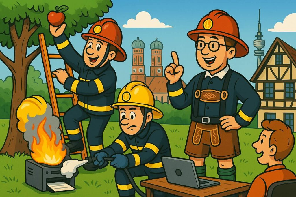 Cartoon-Illustration: Drei Berufsfeuerwehrmänner stellen den Brandschutzhelfer-Lehrgang dar. Heiko trägt Feuerwehr-Tracht (Lederhose kombiniert mit roten Hosenträgern und Feuerwehrhelm unterm Arm) und doziert vor einer Gruppe Angestellter mit Laptop. Thomas klettert in Einsatzkleidung mit Helm eine Feuerwehrleiter hoch in einen Apfelbaum, während Uwe in voller Schutzkleidung einen brennenden Drucker löscht. Im Hintergrund sind die Münchner Skyline mit Frauenkirche und Olympiaturm sowie schwäbisches Fachwerk angedeutet. Humorvolle Szene mit klarer Regionalität (Bayern & Baden-Württemberg).