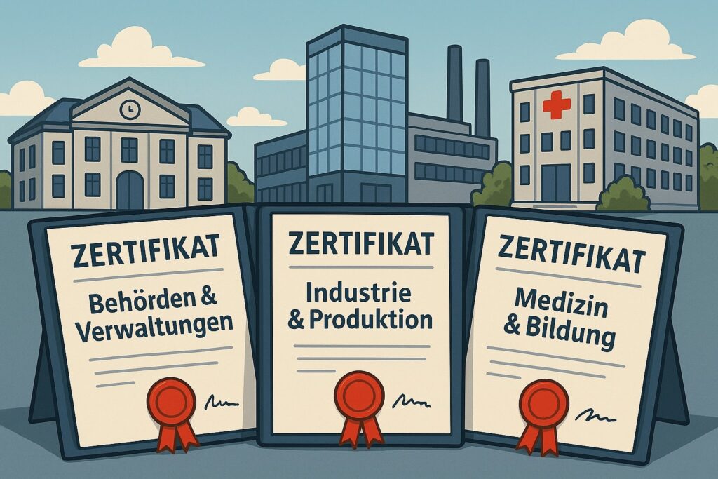 Illustration mit stilisierten Symbolen für Behörden, Arztpraxen und Industrieunternehmen – zeigt die Referenzen des Brandschutzhelfer-Lehrgangs mit Berufsfeuerwehrmännern in Bayern und Baden-Württemberg