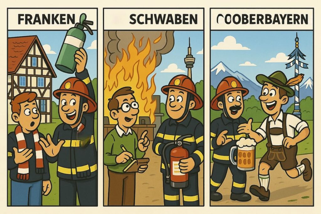 Dreiteilige Cartoon-Illustration zum Brandschutzhelfer Lehrgang in BY und BW: In Franken wird über einen grün-weißen Feuerlöscher diskutiert, in Schwaben fragt ein skeptischer Mann den Feuerwehrmann nach den Kosten, in Oberbayern rettet jemand zuerst eine Maß Bier vor den Flammen