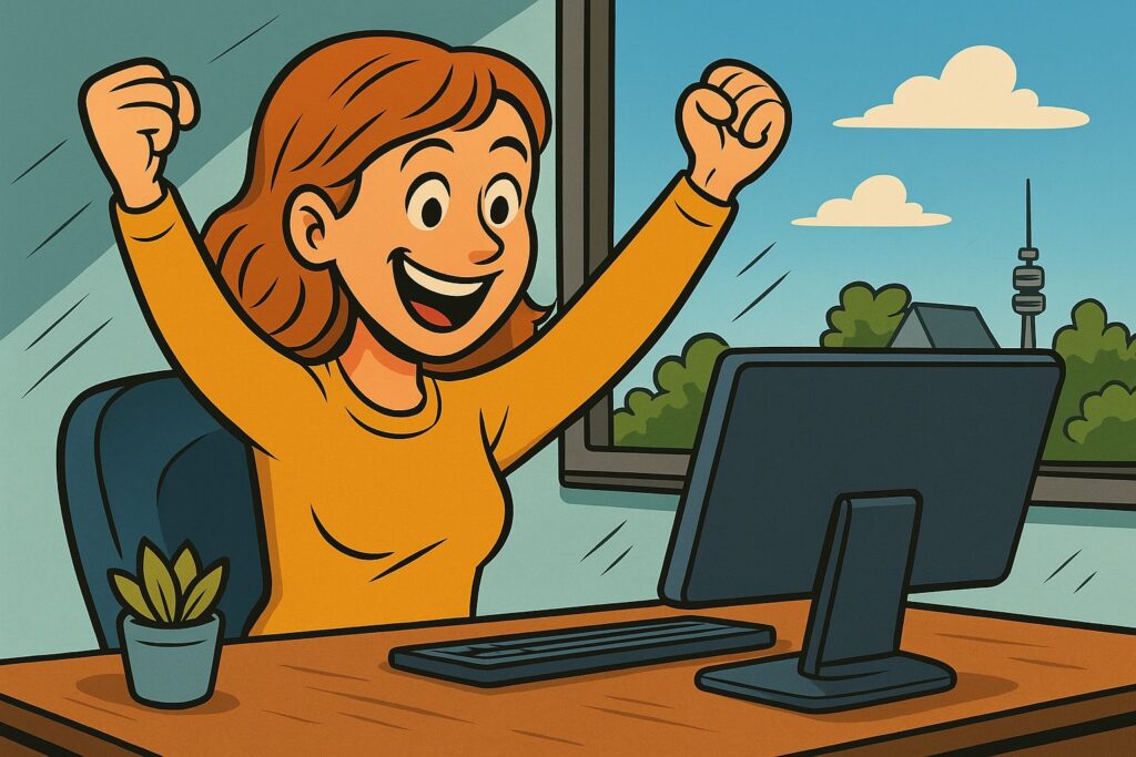 Cartoon-Illustration: Eine Sekretärin sitzt am Schreibtisch vor dem Computer und jubelt, weil sie sich für den Brandschutzhelfer-Lehrgang entschieden hat