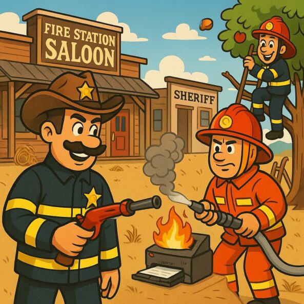 Brandschutzhelfer-Lehrgang im Western-Stil – Berufsfeuerwehrmänner als Sheriff, Trainer und Lösch-Profi. Bild soll verdeutlichen das die Lehrgänge nicht trocken sind sondern im Gedächtnis bleiben